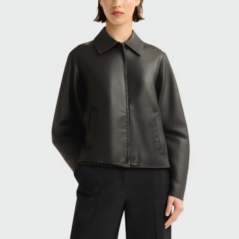 Fashionable black lapel women's leather jacket