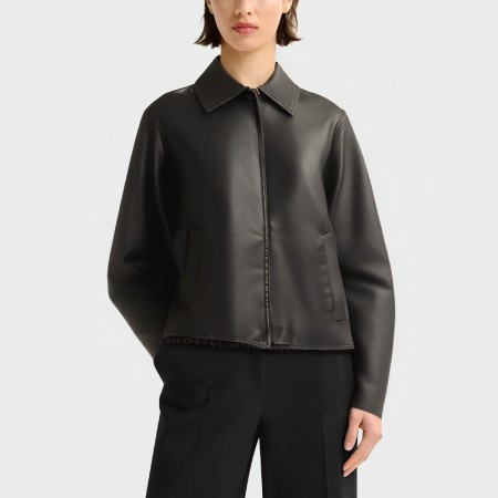 Fashionable black lapel women's leather jacket