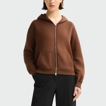 Brown zippered long sleeve women's hooded jacket