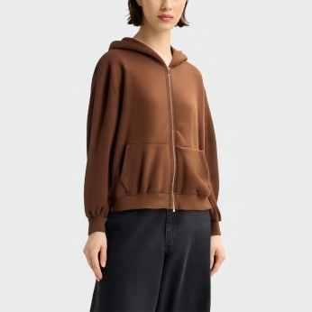 Brown zippered long sleeve women's hooded jacket