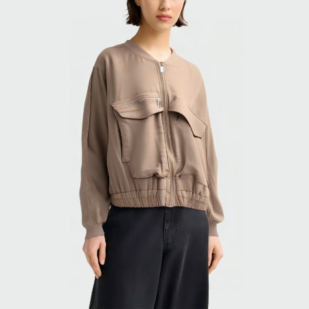 Khaki stand collar long sleeve women's jacket