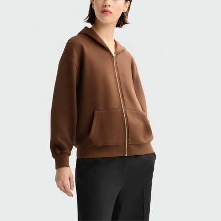 Brown zippered long sleeve women's hooded jacket