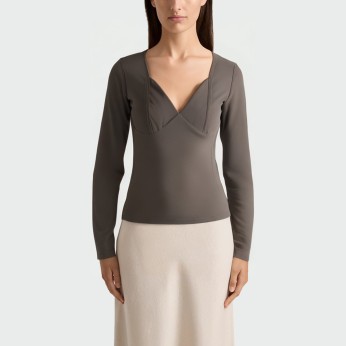 Gray casual deep V-neck women's long-sleeved top