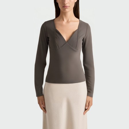 Gray casual deep V-neck women's long-sleeved top