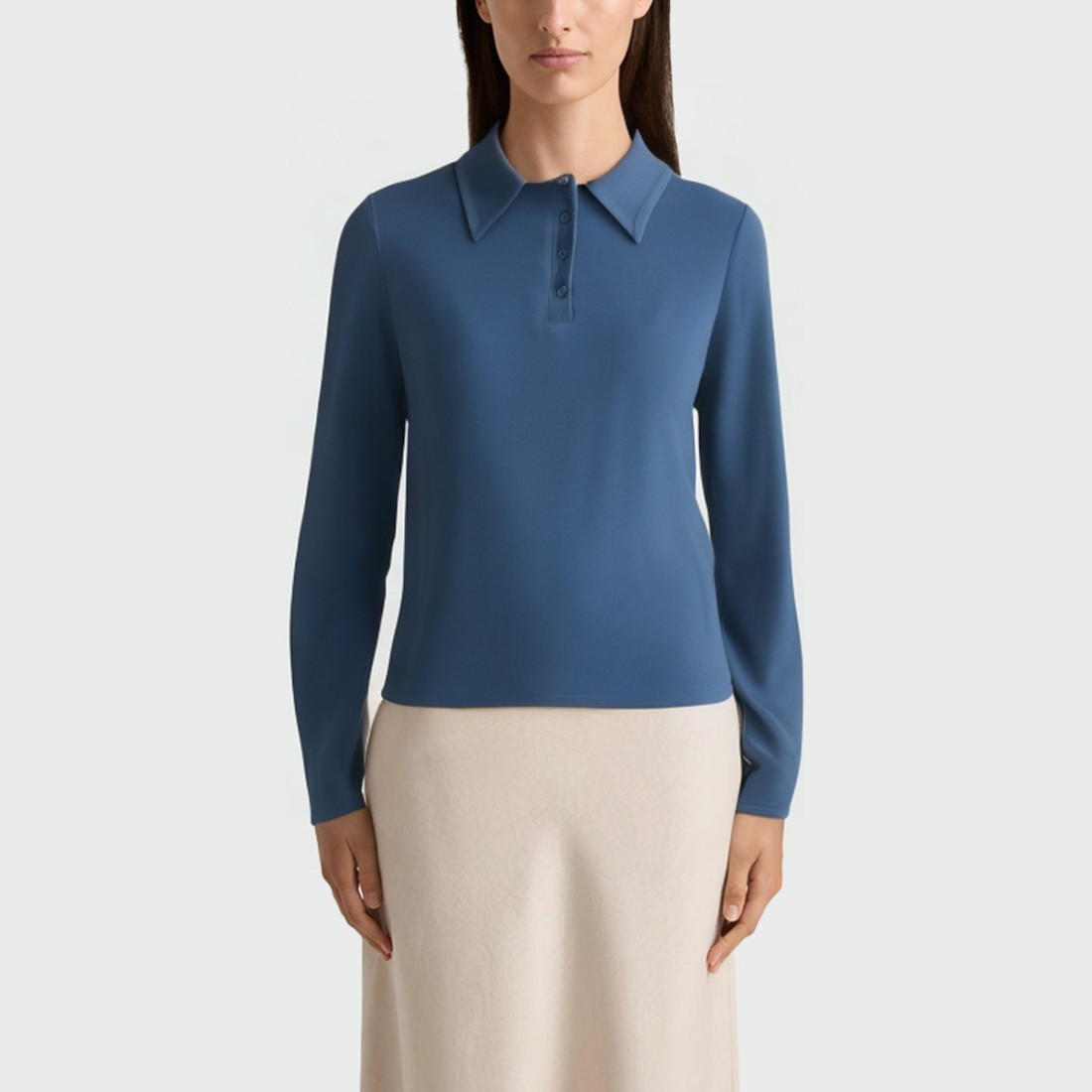Blue lapel casual women's long-sleeved top