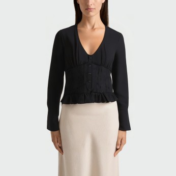 V-neck black pleated women's long-sleeved top