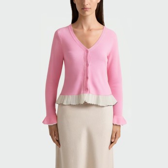 Pink V-neck splicing women's long-sleeved top