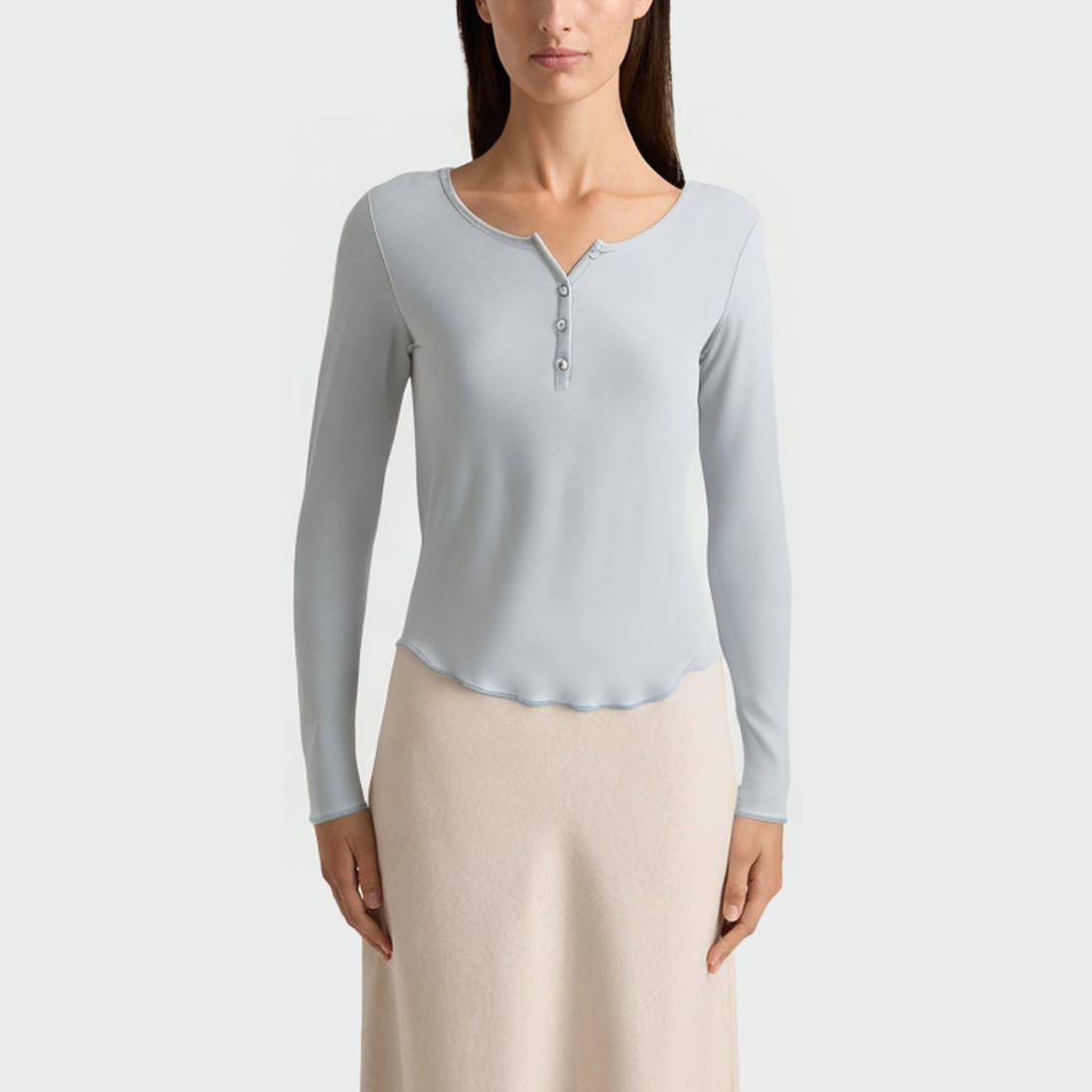 Solid color round neck button women's long sleeve top
