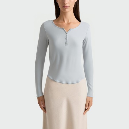 Solid color round neck button women's long sleeve top