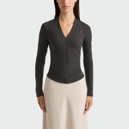 Vintage V-neck pleated women's long-sleeved top