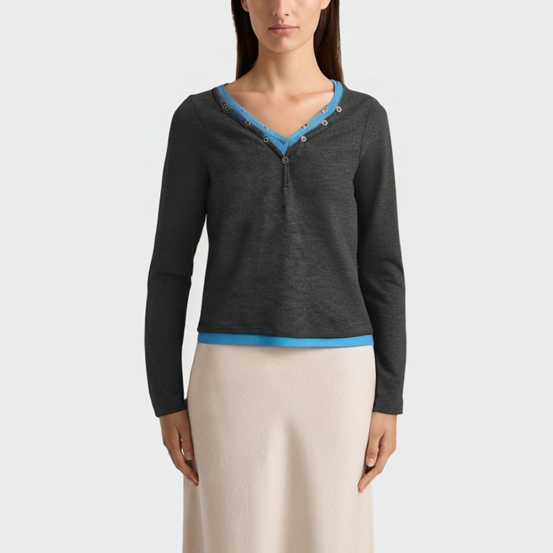 Fake two-piece contrast color stitching women's long-sleeved top