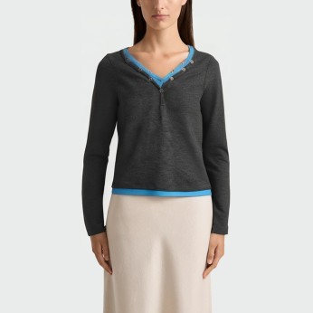 Fake two-piece contrast color stitching women's long-sleeved top