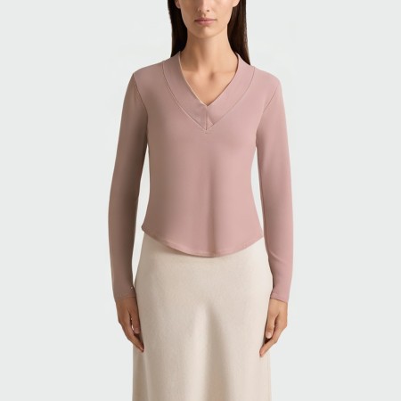 Pink V-neck casual women's long-sleeved top