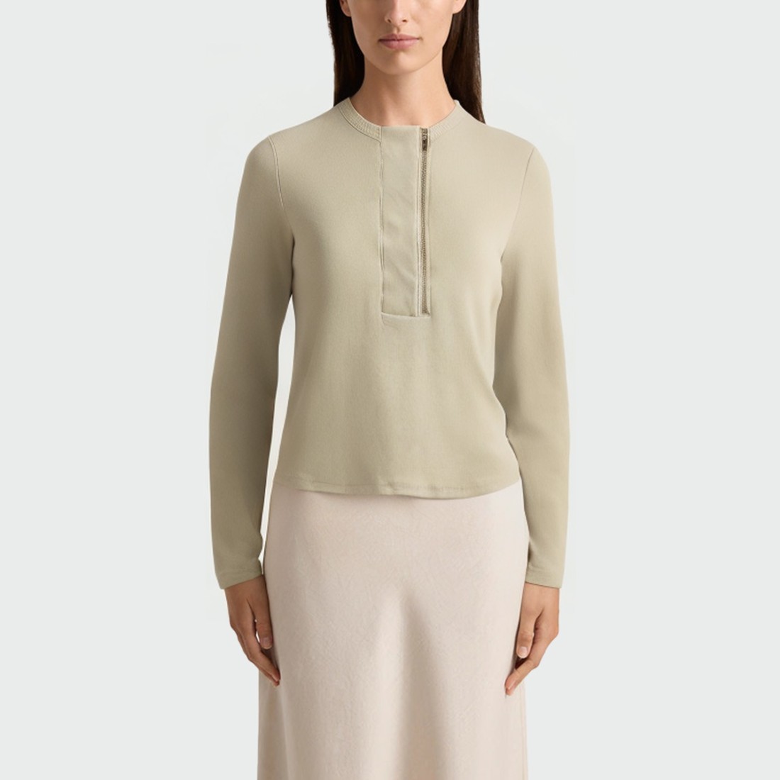 Women's crew neck half-zip long-sleeved top