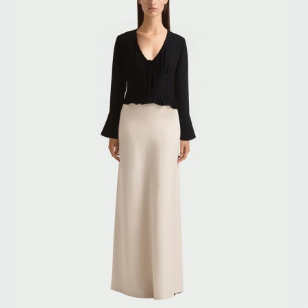 V-neck black pleated women's long-sleeved top