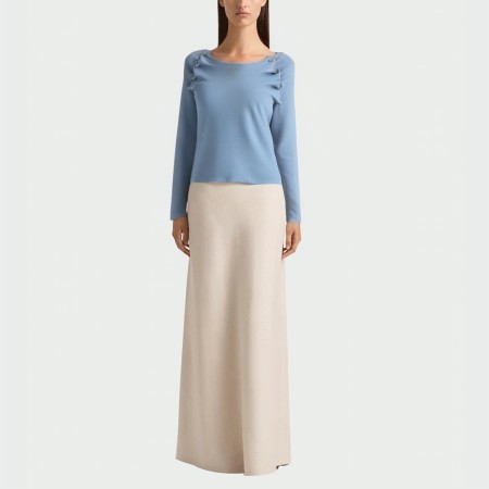 Pleated button-decorated round-neck women's long-sleeved top