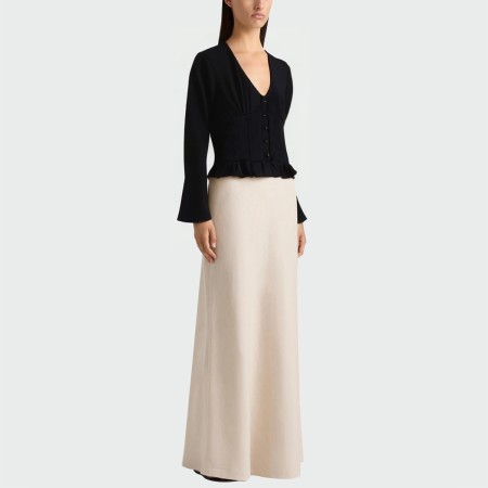 V-neck black pleated women's long-sleeved top