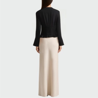 V-neck black pleated women's long-sleeved top