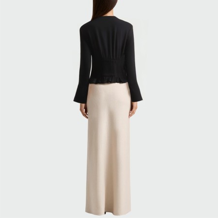 V-neck black pleated women's long-sleeved top