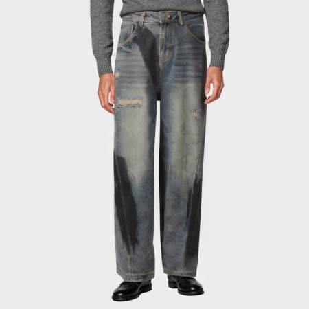Washed faded ripped straight-leg men's jeans