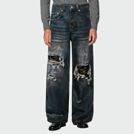 Distressed washed ripped straight-leg men's jeans