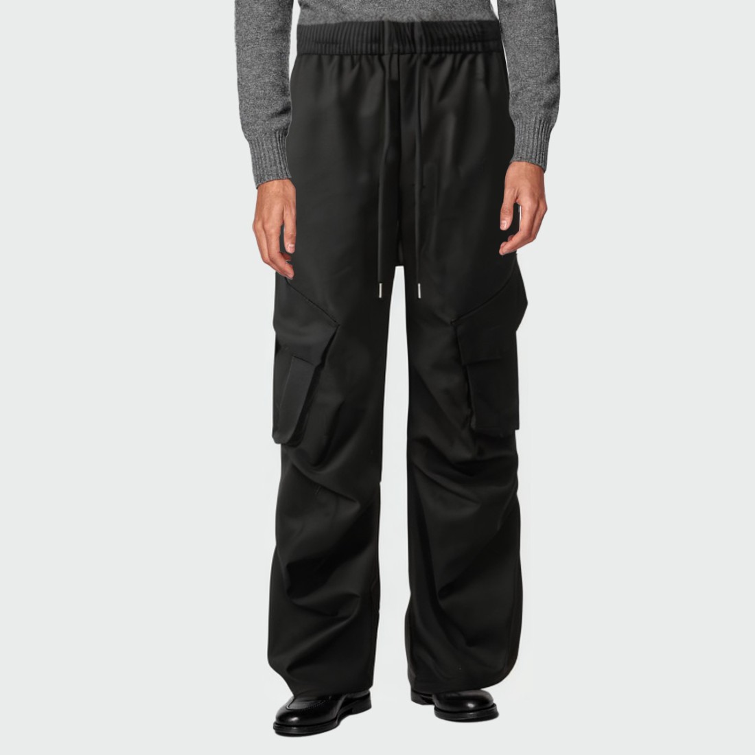 Black elastic waist multi-pocket men's cargo trousers