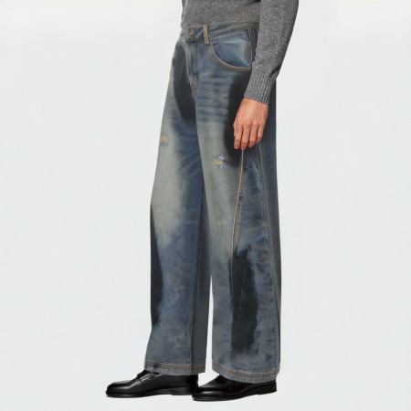Washed faded ripped straight-leg men's jeans