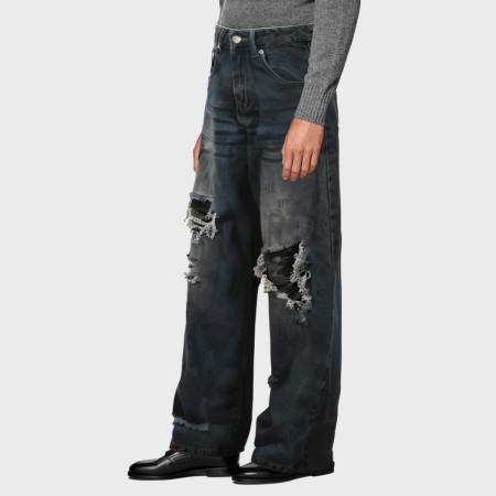 Distressed washed ripped straight-leg men's jeans