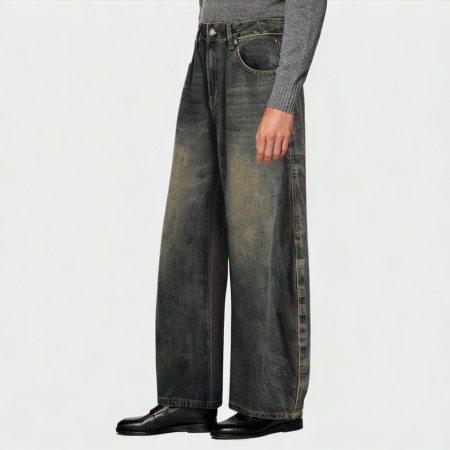 Distressed washed loose wide-leg men's jeans