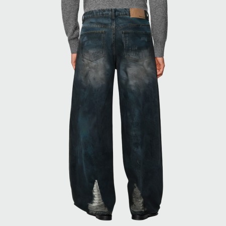 Distressed washed ripped straight-leg men's jeans