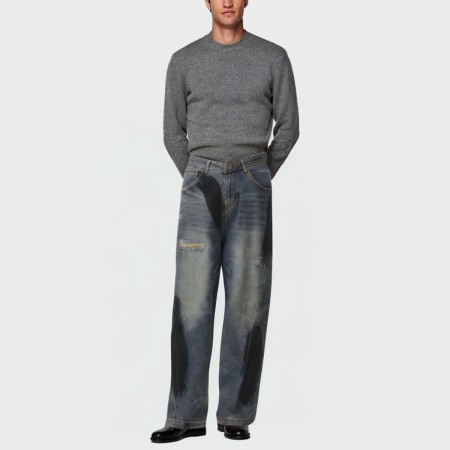 Washed faded ripped straight-leg men's jeans