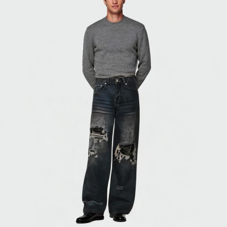 Distressed washed ripped straight-leg men's jeans