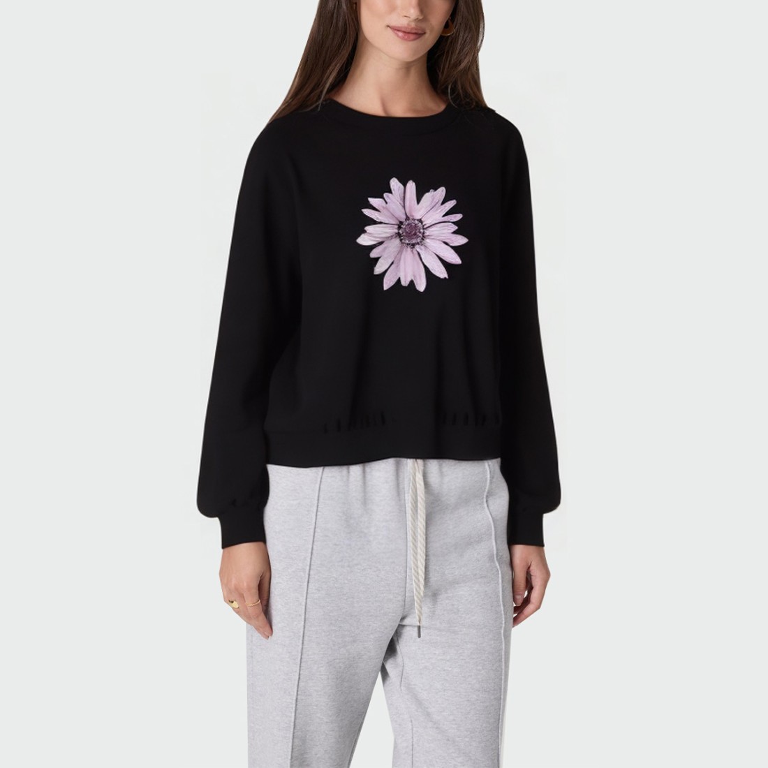 High quality black floral print women's pullover