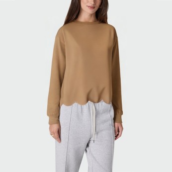 Brown round neck wavy hem women's pullover