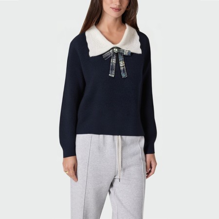 Lapel bow drop shoulder ribbed knit women's pullover