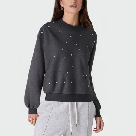 Women's ribbed crew neck rhinestone pullover