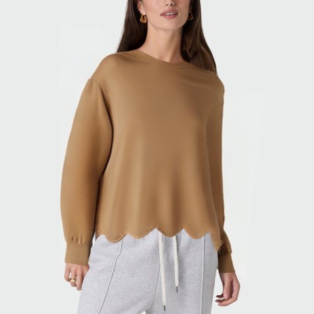 Brown round neck wavy hem women's pullover