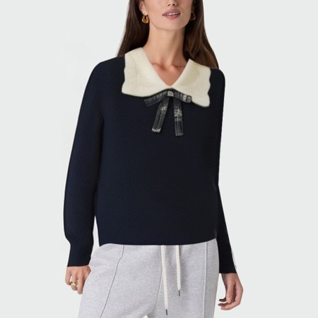 Lapel bow drop shoulder ribbed knit women's pullover