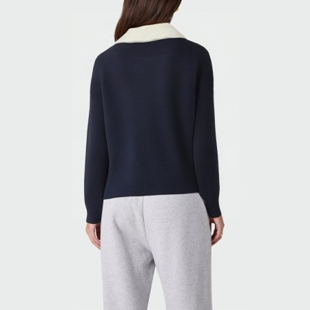 Lapel bow drop shoulder ribbed knit women's pullover