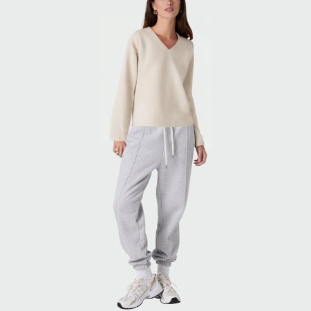 Beige V-neck loose women's pullover