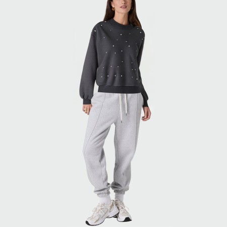 Women's ribbed crew neck rhinestone pullover