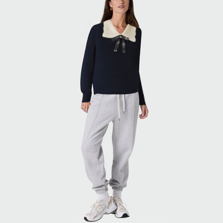 Lapel bow drop shoulder ribbed knit women's pullover