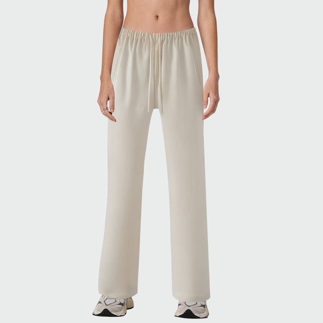 Beige elastic waist straight leg women's trousers