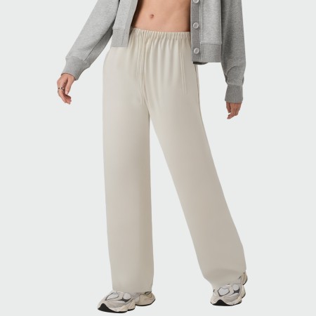 Beige elastic waist straight leg women's trousers